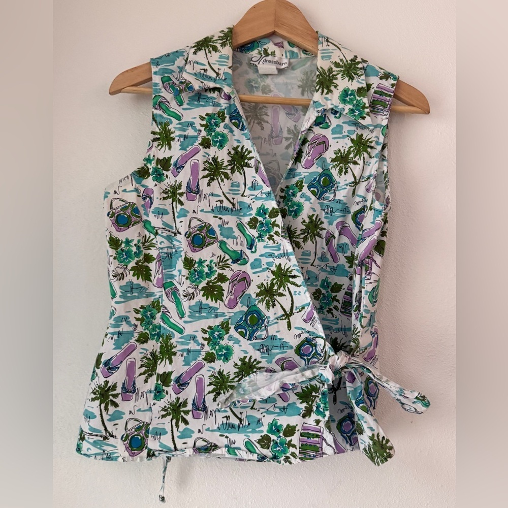 Vintage Dress Barn Blue Tropical Floral Print Wrap Top Large